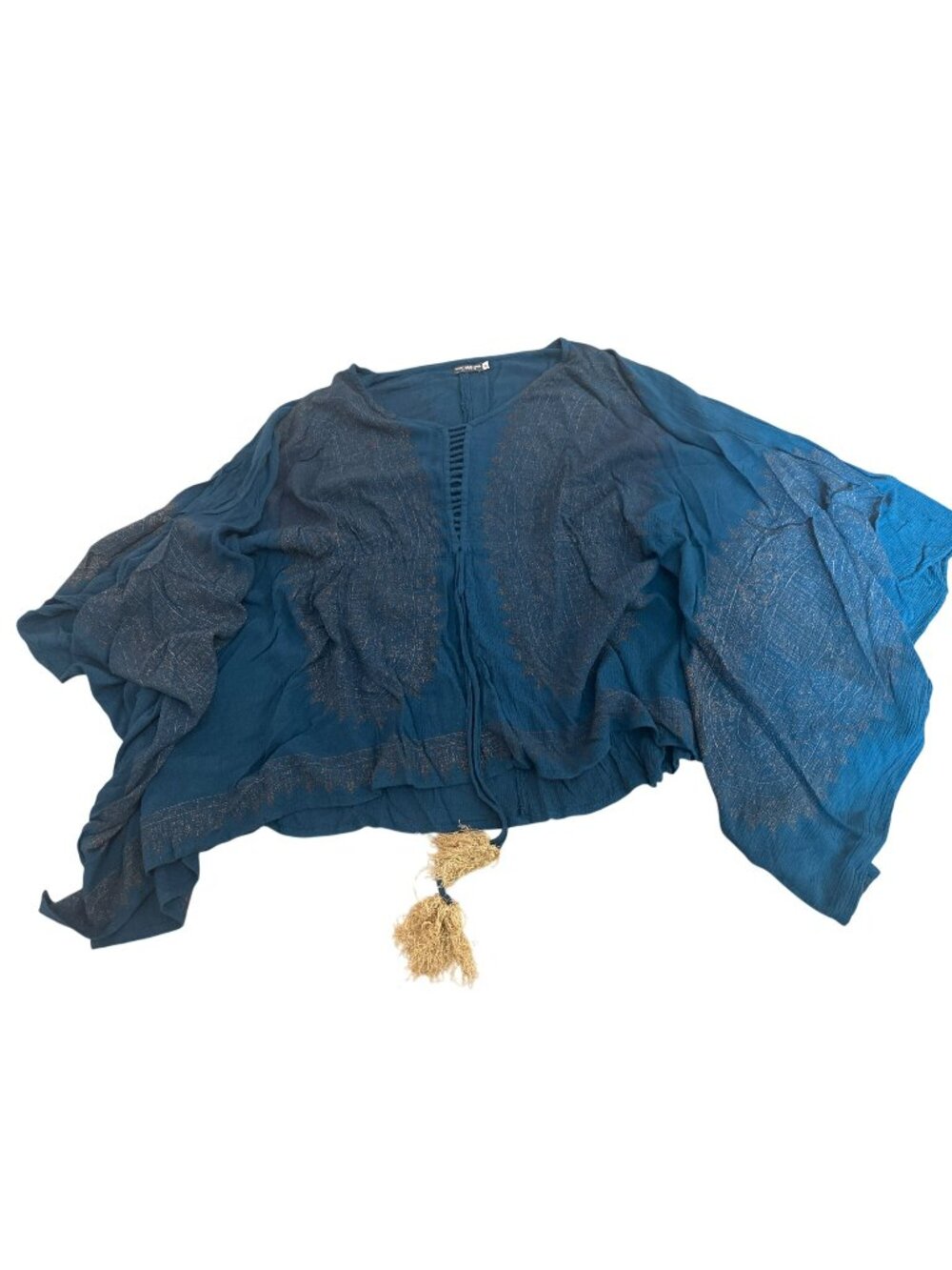 Earthbound XL Blue Boho Poncho Top Gold Paisley Accents Tassel Festival Hippie